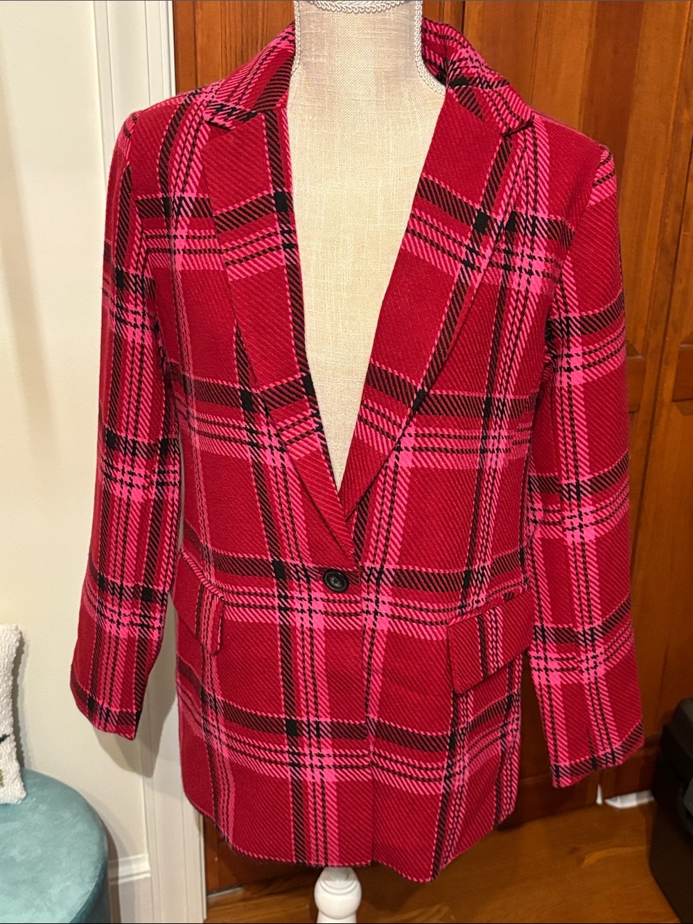 Nine West Women's Pink Plaid Single-Button Blazer